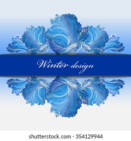 Cold winter ice border ornament and center stripe with text winter design. Hoarfrost decor background. Winter blue frozen glass background. Blue and cyan horizontal vector background illustration.