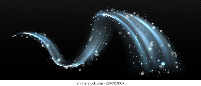 Efecto de la luz de invierno frío, curva de la línea brillante de la manecilla. Golpe de viento con copos de nieve, rastro de ventisca azul o ola aislada en un fondo transparente. Flujo fresco de congelación, ilustración realista 3d vectorial