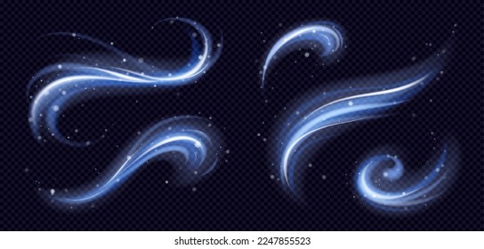 Cold winter light effect, swirl bright twinkle line. Wind vortex blow with snowflakes, blue blizzard trail isolated on transparent background. Fresh freezing flow, Realistic 3d vector illustration