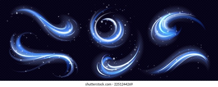 Cold winter light effect, swirl bright twinkle line. Wind vortex blow with snowflakes, blue blizzard trail isolated on transparent background. Fresh freezing flow, Realistic 3d vector illustration