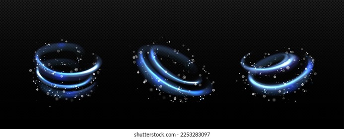 Cold winter light effect, swirl bright twinkle line. Wind vortex blow with snowflakes, blue blizzard trail isolated on transparent background. Fresh freezing flow, Realistic 3d vector illustration