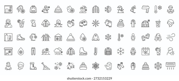 Icono de línea fría e invernal conjunto de iconos de contorno para nieve y Vector de Clima frío conjunto. 
