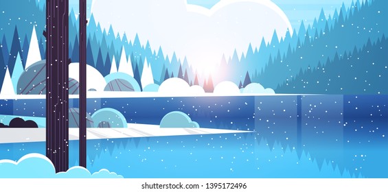 cold winter morning mountain river in snowy forest sunrise landscape nature background flat horizontal