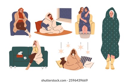 Cold winter. People in warm blanket. Home heat. Characters health. Sick shivering. Couple sits by heater. House room frost. Fireplace and sofa. Cozy relax. Hot drink and foot bath. Vector concepts set