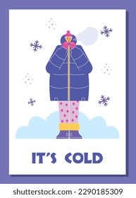 Cold winter poster, woman in warm coat and hat freezing outside - flat vector illustration. Concepts of low temperatures and snowing.