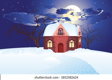 Cold winter rural landscape with cottage illustration.