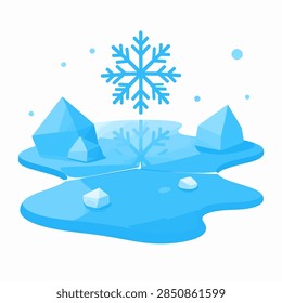 A cold winter scene featuring a large snowflake, icebergs, and frozen water, capturing the essence of winters icy beauty and tranquility.