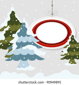 A cold winter snowy Christmas tree in green & sky blue color with hanging decorative template frame for Christmas, Winter & other occasions.