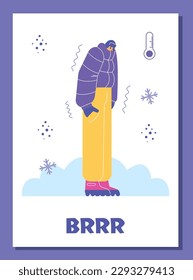 Cold winter weather banner or card design with freezing man cartoon character, flat vector illustration. Winter cold and freeze, bad weather and meteorology poster.