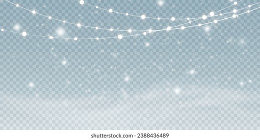  Vientos fríos de invierno, ventisca y garland sobre fondo transparente. Efecto de nieve frío de Navidad.