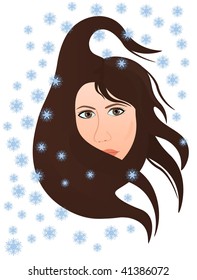 Cold winter wind blows in the woman's face, hair be dishevelled, snowing
