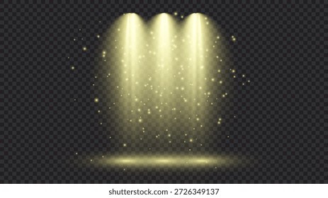 Luz amarela fria com três holofotes. Efeitos de iluminação da cena em um fundo transparente escuro. Ilustração vetorial