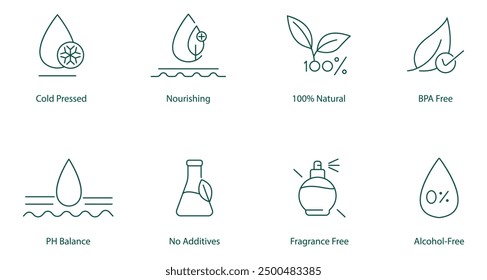 Cold-Pressed, Nourishing, 100% Natural, BPA-Free, pH Balanced, No Additives, Fragrance-Free, Alcohol-Free Vector Icon Set