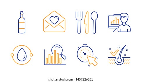 Cold-pressed oil, Search and Love letter line icons set. Presentation board, Timer and Food signs. Brandy bottle, Anti-dandruff flakes symbols. Organic tested, Analytics. Business set. Vector