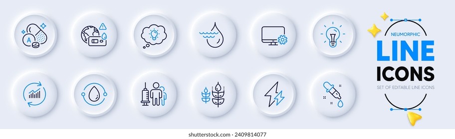 Cold-pressed oil, Vitamin a and Hydroelectricity line icons for web app. Pack of Energy, Chemistry pipette, Update data pictogram icons. Monitor settings, Gluten free, Idea signs. Vector