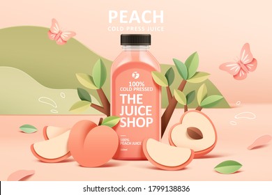 Cold-pressed peach juice ad template in colorful paper cut design, concept of natural garden or farm, 3d illustration