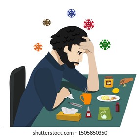 Colds and flu, viruses. A sick man is treated with medicines, honey, tea and lemon. Vector illustrations for websites, brochures, magazines.