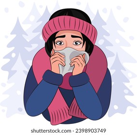 Colds, seasonal flu. A girl blows her nose into a napkin, scarf and winter headband. Girl sneezes, illness, respiratory disease. Feeling unwell in cold weather. Winter