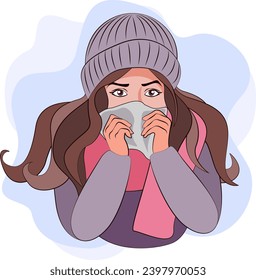 Colds, seasonal flu. A girl with a runny nose in warm clothes, a hat and a scarf. Girl sneezes, illness, respiratory disease. Feeling unwell in cold weather. Winter