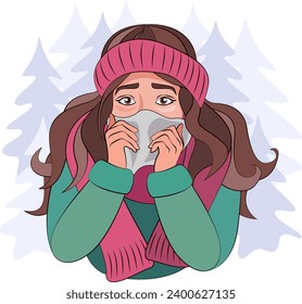 Colds, seasonal flu. A girl with a runny nose in warm clothes, a scarf and a winter headband. Girl sneezes, illness, respiratory disease. Feeling unwell in cold weather. Winter