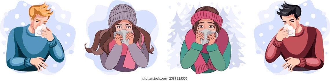 Colds, seasonal flu. Set of different sick young people, boys and girls. People blow their noses into tissues and wear warm clothes. Feeling unwell in cold weather. Winter