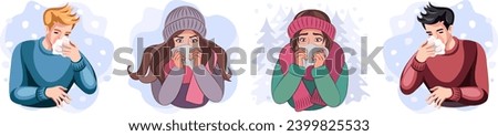 Colds, seasonal flu. Set of different sick young people, boys and girls. People blow their noses into tissues and wear warm clothes. Feeling unwell in cold weather. Winter