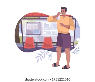 Colores síntomas composición con carácter humano plano de toser al lado de la ilustración vectorial de parada de autobús público