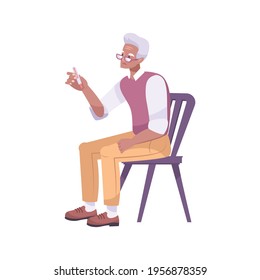 Colds symptoms composition with flat human character of sitting old man holding thermometer vector illustration