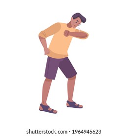 Colds symptoms composition with flat human character of man coughing in elbow vector illustration