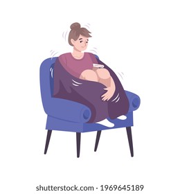 Colds symptoms composition with flat human character of sitting woman having fever vector illustration