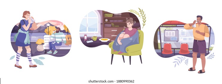 Colds symptoms set of flat compositions with outdoor and home views with human characters getting cold vector illustration