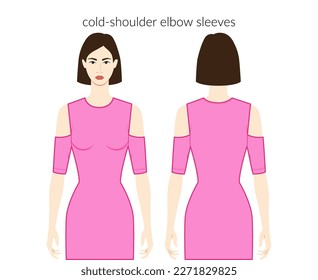 Cold-shoulder sleeves elbow length clothes character beautiful lady in pink top, shirt, dress technical fashion illustration. Flat apparel template front, back sides. Women, men unisex CAD mockup