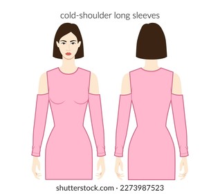 Cold-shoulder sleeves long length clothes character beautiful lady in pink top, shirt, dress technical fashion illustration with fitted body. Flat apparel template front, back. Women men unisex CAD