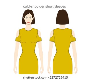 Cold-shoulder sleeves short length clothes character beautiful lady in emerald top, shirt, dress technical fashion illustration. Flat apparel template front, back sides. Women, men unisex CAD mockup