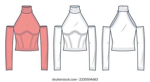 Cold-Shoulder Sweater technical fashion illustration. Turtleneck Sweater fashion flat technical drawing template, pigtails, slim fit, front and back view, white, peach colour,  women CAD mockup set.