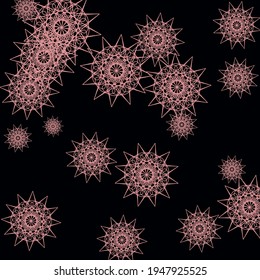 ColdWinter Chaotic Mystery Chaotic Composition. Dark New Year Black Colorful Stars Background. Girl Sharp Christmas Snowflakes Folk Sky Wallpaper. Pink Gothic Mandala Print Winter Pattern.