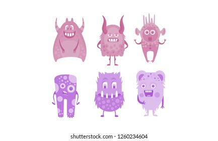 Colection of cute monsters, colored funny alien character vector Illustration