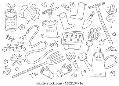 Colection of gardening and farmers tools, isolated doodle vector illustrations, garden gear, watering hose and can, pitchfork and rake. Bundle of cute cartoon drawings