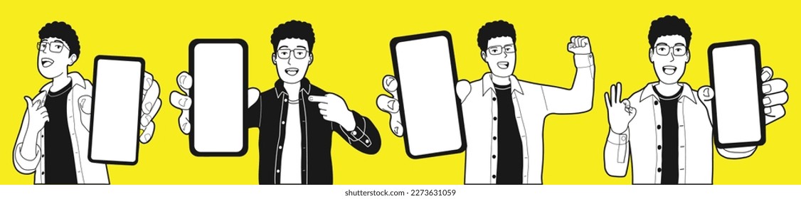 colection Man Holding Smart Phone  In Hand Showing Empty White Screen