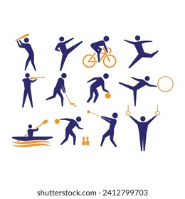 colection of physical activities, sports set. Cycling, jogging, ballets, golf, exercising, tennis, basketball, running, baseball, rafting, judo. Flat vector illustrations isolated on white background.