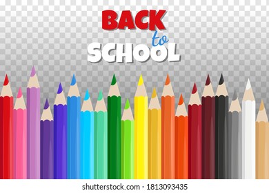 Colection of realistic school colorful pencils. Let's go back to school subjects. Wooden colorful pencils on a transparent background. Template for education. Vector illustration