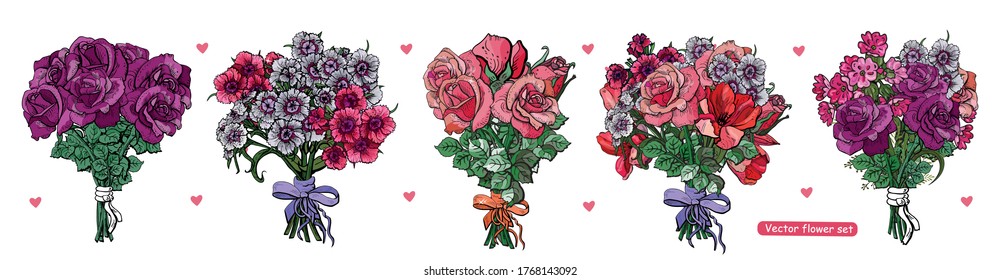 Colection of summer beautiful bouquets. Sweet bouquet of red purpure and pink roses carnation poppies tulips flowers
