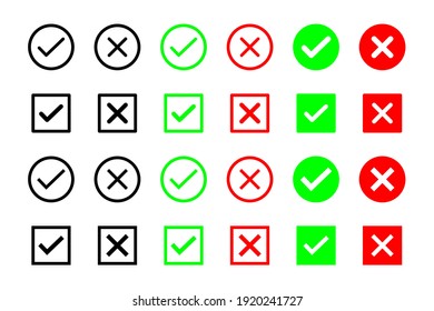 A colection of web button variants: green check mark and red cross. Many options, Vector icons.