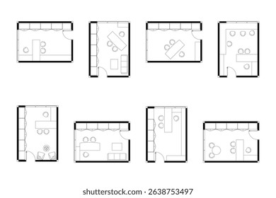 Colections of 2 dimension floor plan with furniture layout home office, line black isolated on white background. Set 20