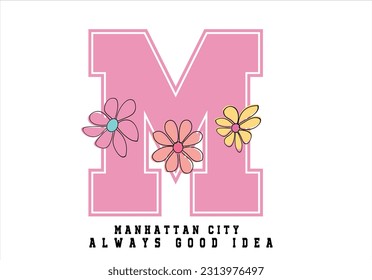 tipografía universitaria y flores. Diseño de ilustración de vectores para gráficos de moda, impresiones de camisetas