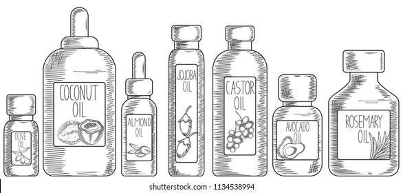 Colelction of bottles with almond,coconut,olive,jojoba,avocado,castor,rosemary oil for hair care in sketchy,outline style. Vector hand drawn cosmetic illustration