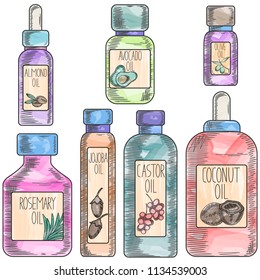 Colelction of bottles with almond,coconut,olive,jojoba,avocado,castor,rosemary oil for hair care in watercolor sketchy style. Vector hand drawn cosmetic illustration