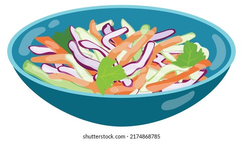 Coleslaw salad on the blue plate. Hand drawn vector illustration. Suitable for website, stickers, postcards, menu.