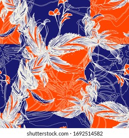 Coleus. Leaves. Vegetation. Seamless vector pattern with flowers, lines and geometry. Hand drawing. Sketch.