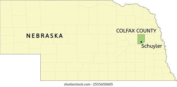 Colfax County and city of Schuyler location on Nebraska state map